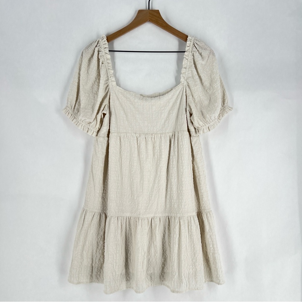 Sophie Rue Cream Lightweight Textured Puff Sleeve Peasant Mini Dress‎ Size L